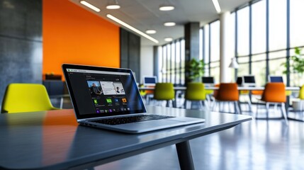 A laptop computer with a video conference screen open sits on a table in a modern office.