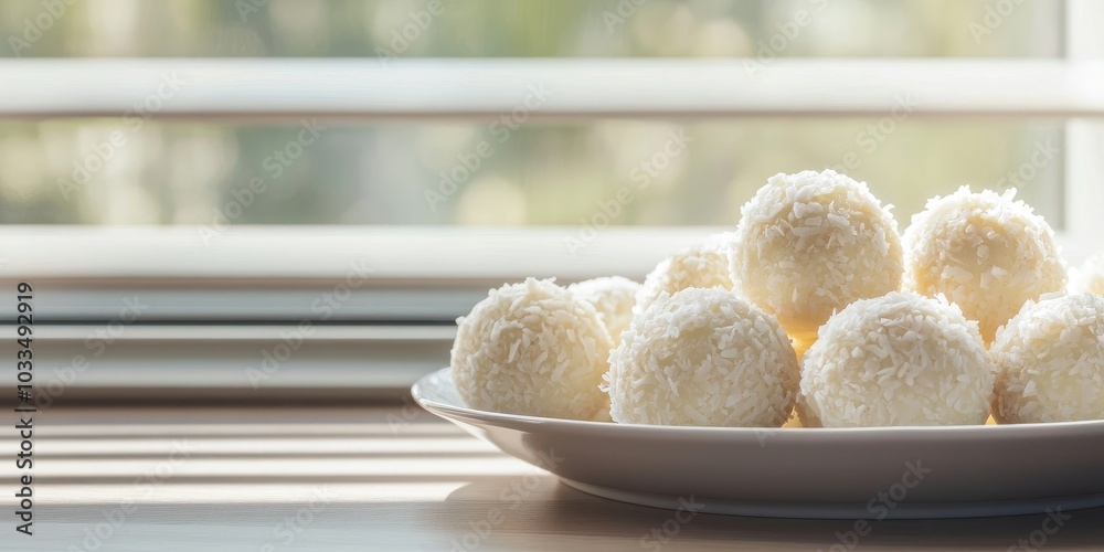Poster white chocolate coconut truffles on a plate with a window shade in the background. copyspace.