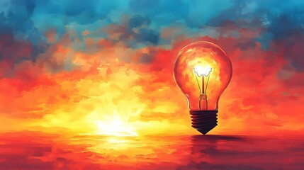 A surreal art depiction of a glowing lightbulb hovering over a colorful sunset, symbolizing creativity, ideas, and innovation.