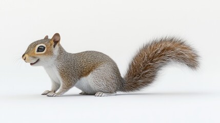 Obraz premium A cute grey squirrel with a bushy tail sits on a white background, looking to the side.