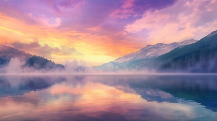 Obraz premium Tranquil sunrise over a serene mountain lake, with mist rising from the water and vibrant colors filling the sky