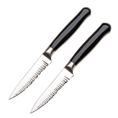 Fototapeta premium Pair of modern black handled steak knives with serrated edges isolated on a transparent background 
