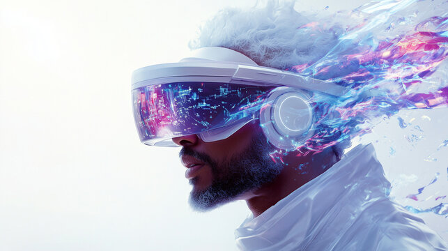 future man in mask on white background, wearing futuristic virtual reality glasses, digital elements and holograms flow, futuristic atmosphere, artificial intelligence, technological innovation