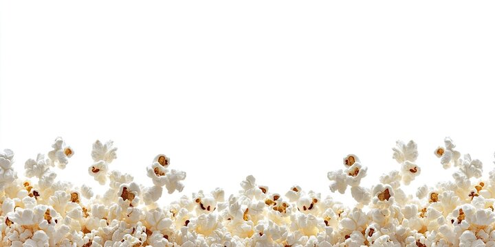 Close-up of delicious popcorn border, set against a white background.