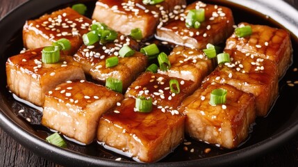 Fototapeta premium Deliciously Glazed Tofu with Green Onions and Sesame
