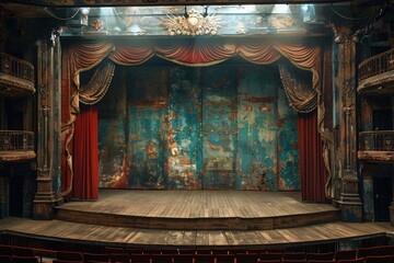 A dramatic theater stage illuminated by vibrant lighting, showcasing a captivating scene from a play. This image captures the essence of performance art and the enchanting atmosphere of live theater.
