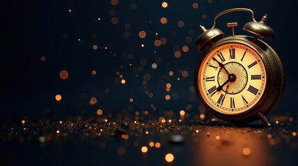 Christmas greeting card with New Year symbol and decoration. Xmas dark background with copy space. Festive mockup design with vintage alarm clock