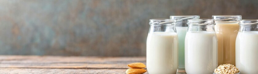 A collection of glass bottles filled with various types of milk alongside cookies set against a rustic background