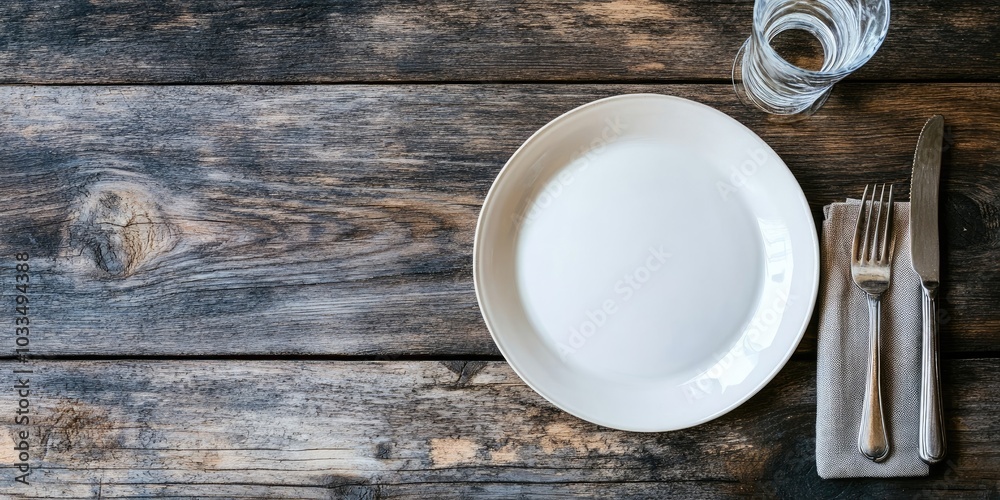 Aufkleber an empty white plate with cutlery and a glass on a rustic wooden background. flat lay, top view with