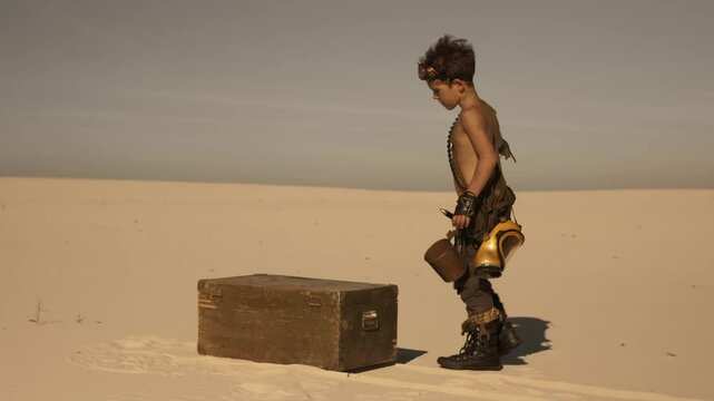 A young boy dressed as a post-apocalyptic warrior stands in a desert wasteland, opening a chest. Ideal for themes of survival, adventure, and life after armageddon in dystopian media and promotions