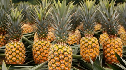 Obraz premium pineapple plantation with many pineapples --no text and people, human --chaos 10 --ar 16:9 Job ID: 0c110b49-b61f-420c-bfec-9ebc6a46b24b