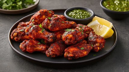 Fototapeta premium Spicy Chicken Wings with Fresh Herbs and Sauce