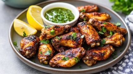 Fototapeta premium Grilled Chicken Wings with Sauce and Lemon