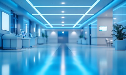 Fototapeta premium A modern, brightly lit corridor with blue lighting and green plants, featuring sleek furniture and a clean, reflective floor, typical of a healthcare or office environment.