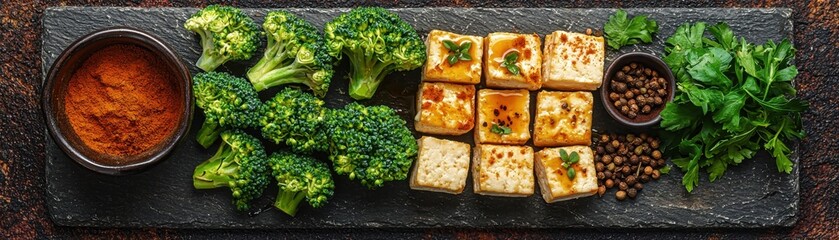 A vibrant platter featuring grilled tofu cubes steamed broccoli fresh herbs and a spicy dipping sauce elegantly presented on a dark slate board
