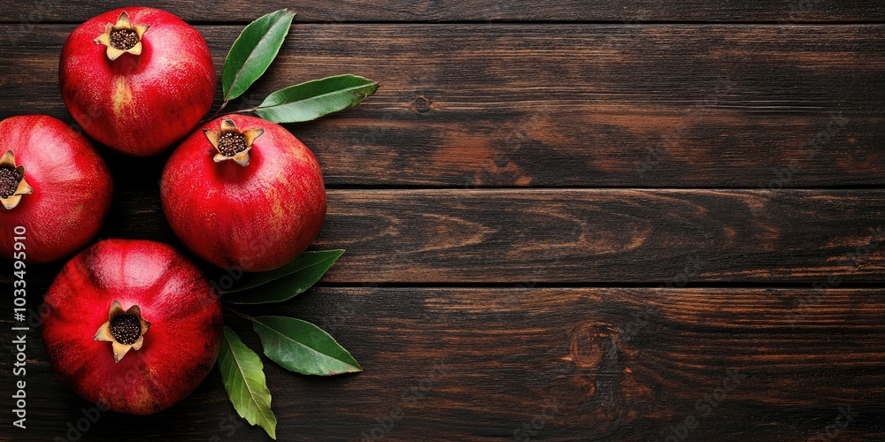 Aufkleber ripe pomegranate fruit next to a leaf on a dark wooden background with a top view and copy space.
