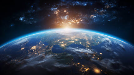 Planet Earth with detailed relief and atmosphere. Blue space background with earth and galaxy.