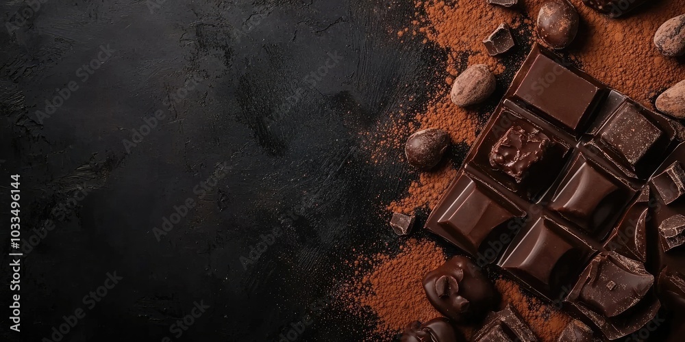 Poster chocolate assortment and cocoa on a dark backdrop copyspace.