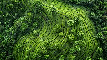 Aerial view of a tea plantation, with textures of lines and circles on the ground, from a top down perspective, on a green background, with sunlight, in a style of high definition photography, at a hi