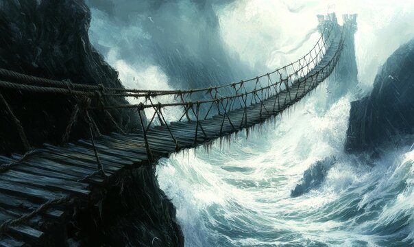 Fototapeta A rope bridge over stormy seas to a distant castle.
