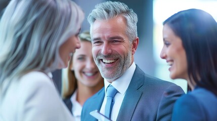 Obraz premium A happy middle-aged professional executive is talking to a recruiter at an interview meeting. A smiling, mature female financial adviser and professional bank manager are consulting clients in the c
