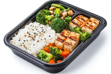 Delicious bento box featuring grilled tofu, fluffy rice, and vibrant stir-fried vegetables for a healthy meal.
