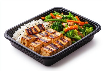 Fototapeta premium Delicious bento box featuring grilled tofu, fluffy rice, and vibrant stir-fried vegetables for a healthy meal.