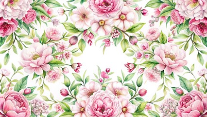 Symmetrical floral watercolor pattern with cherry blossom and peonies