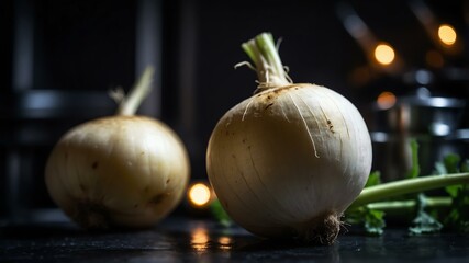 Aesthetic preparation of turnips on a black themed kitchen. bokeh style.