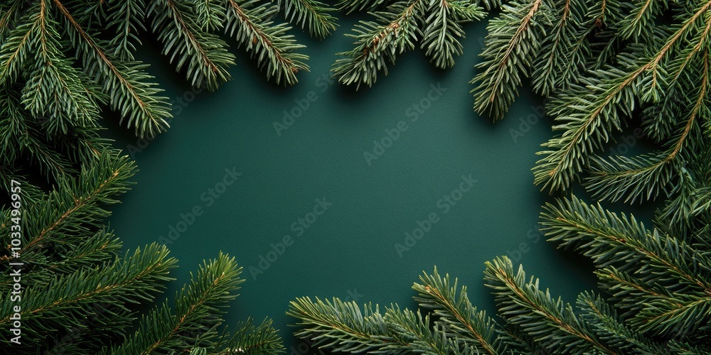 Aufkleber Christmas background featuring a frame of fir branches and copyspace.