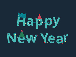 Happy new year card with fun party element in blue background. Good for greeting card banner. Joy colourful festive celebration holiday text