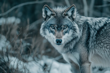 Obraz premium Lone Wolf Symbolizing Anger in Cold Wilderness - Tense Posture