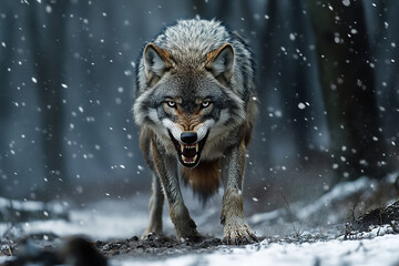 Fototapeta premium Lone Wolf Symbolizing Anger in Cold Wilderness - Tense Posture