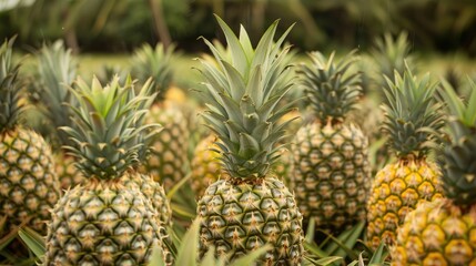 pineapple plantation with many pineapples --no text and people, human --chaos 10 --ar 16:9 Job ID: f7fbf51c-f62a-4582-adca-a0148cb71d4e
