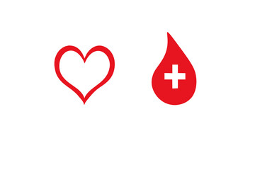 Red Heart and Blood Drop with Cross Symbol on White Background for Health Care and blood donation