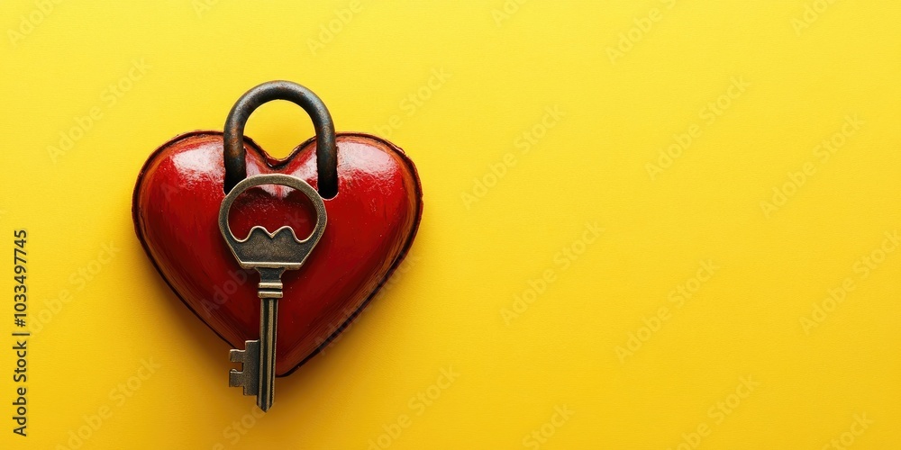 Poster metallic red heart-shaped lock and key on a yellow background with copyspace, close-up. concept of l