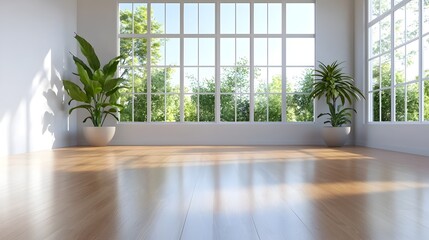 Elegant and minimalist empty office space with large windows allowing abundant natural lighting to flood the room  The open and airy interior design features a clean