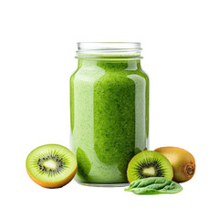 Smooth green smoothie in a glass jar with spinach and kiwi slices isolated on a transparent background 