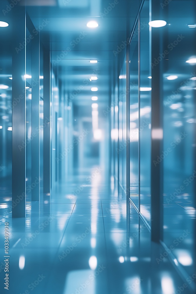 Poster a futuristic hallway illuminated with soft blue lighting and glass walls, creating a sleek and moder