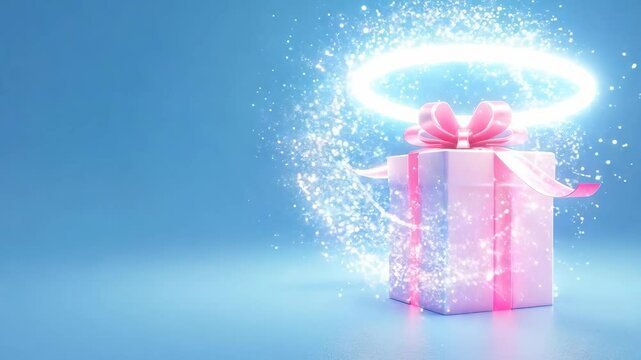 A white box with a pink bow on top of it. The box is surrounded by a glowing circle