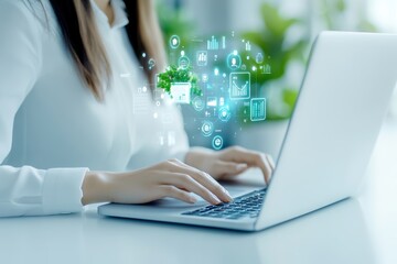 A person using a laptop with digital icons representing technology and innovation on the screen, symbolizing modern connectivity.