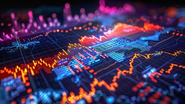 A dynamic candlestick chart displaying fluctuations in stock market data, illustrating trends and price movements. This image highlights the volatility and analysis essential for traders and investors
