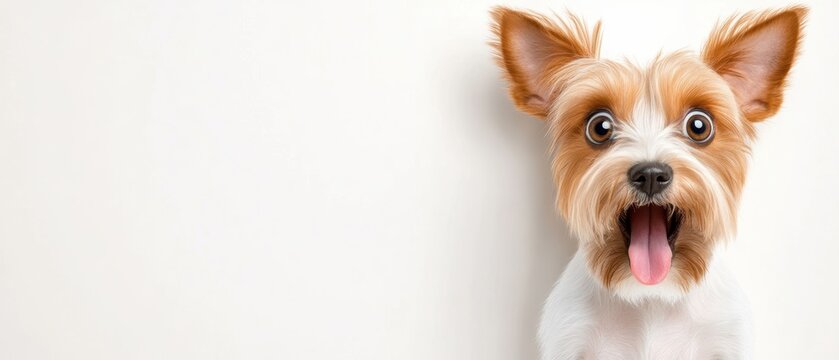 A playful dog expressing joy with its mouth open wide, showcasing happiness and excitement in a light-hearted atmosphere.