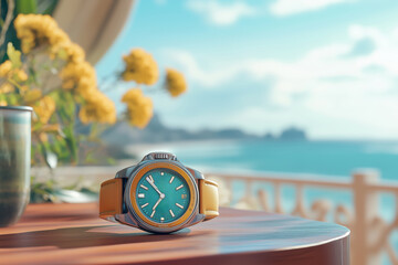 Watch with contemporary art design and flowers around, set against a background of a sunny terrace...