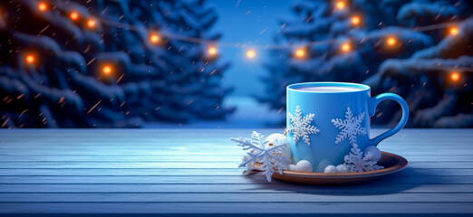 Fototapeta premium A cozy winter scene featuring a blue mug decorated with snowflakes, set on a wooden table with snowy trees and glowing lights in the background with copyspace 