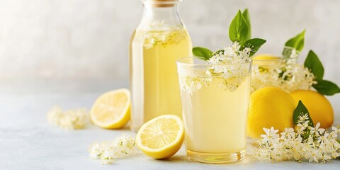 Fototapeta premium Homemade elderberry flower syrup in a bottle alongside lemonade in a glass, with lemon zest and fresh blossoms set against a white background, copyspace, selected focus.