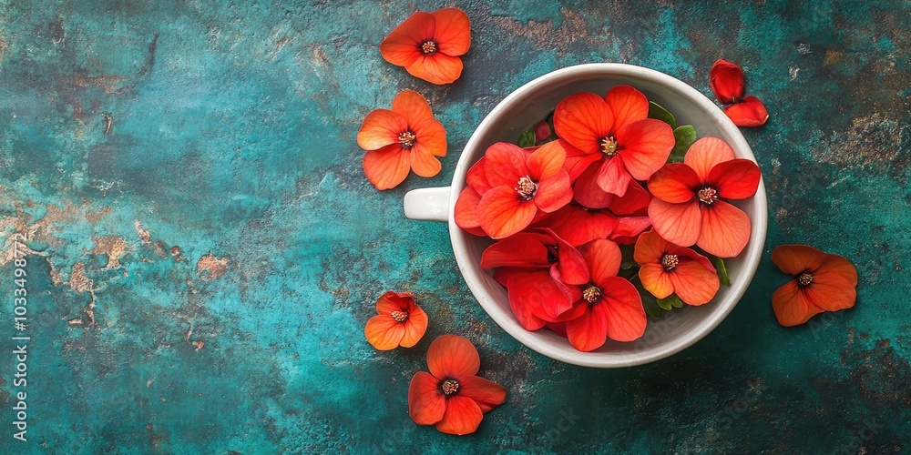 Poster Begonia flowers rest in a cup on a textured background. Flat lay.