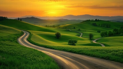 Scenic winding road through lush green hills at sunset
