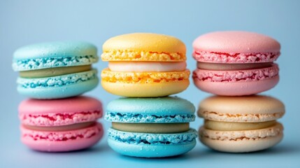 Obraz premium A close-up of six colorful macarons stacked on a blue background.
