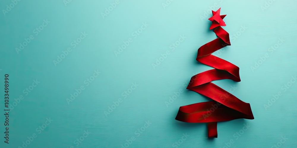 Poster christmas tree created from dark red velvet ribbon on a colored background. vertical flatlay.